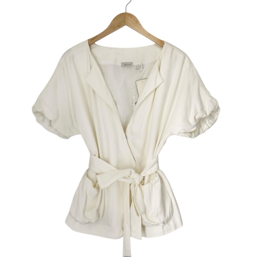 SPIEGEL White Peplum Short Sleeve Tie Waist Cardigan (Plus Size Available)